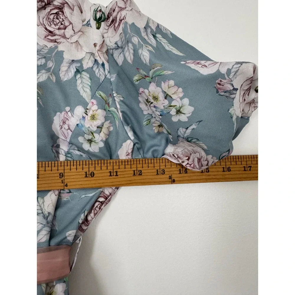 Peppermint Floral Dress Kids‎ Size 6-7Y Blue Pink Vintage Puff Sleeve Bow Sash